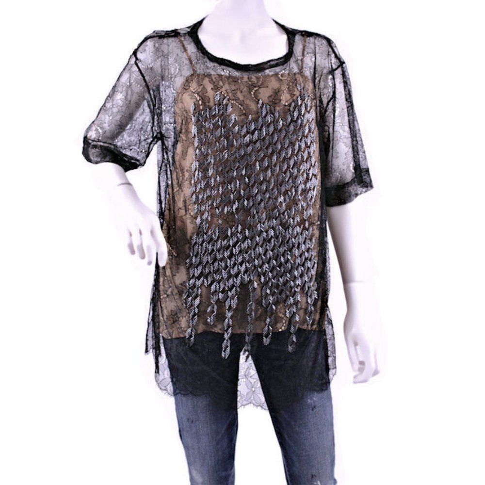 MAISON MARTIN MARGIELA Glass Beaded Black Lace T-Shirt NWT